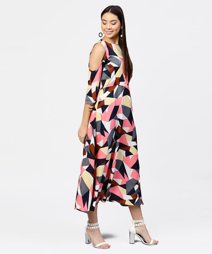 Women's Multi Printed 3/4Th Cold Shoulder Sleeve A-Line Maxi Dress