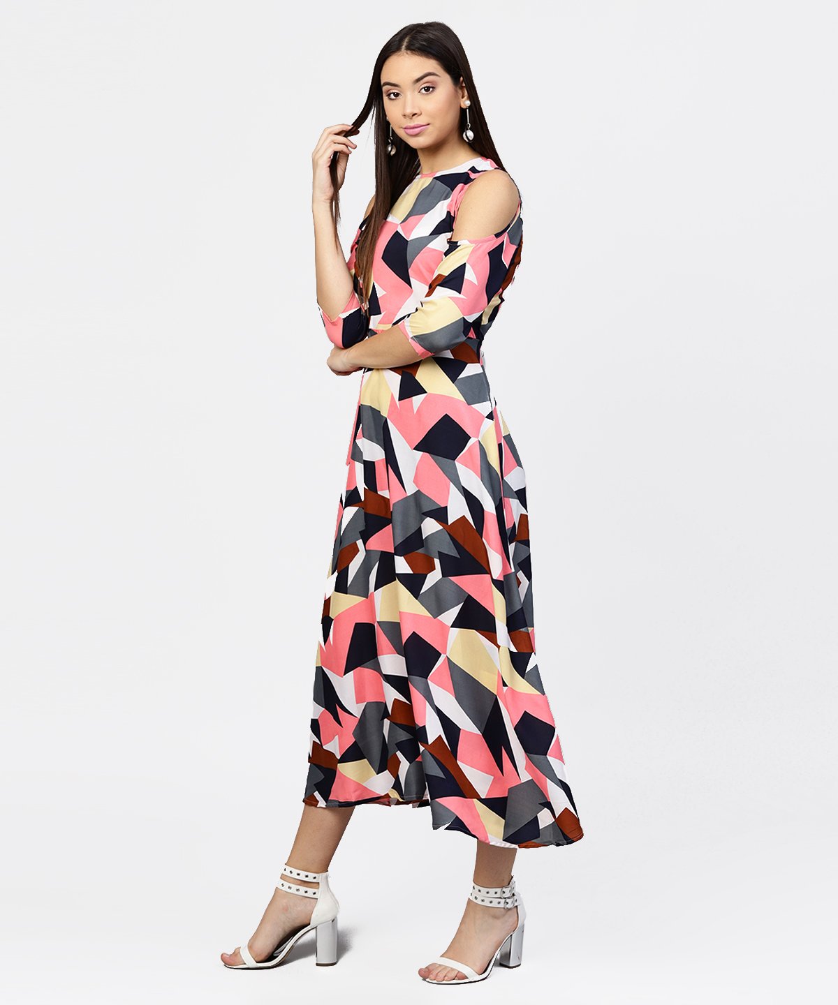 Women's Multi Printed 3/4Th Cold Shoulder Sleeve A-Line Maxi Dress