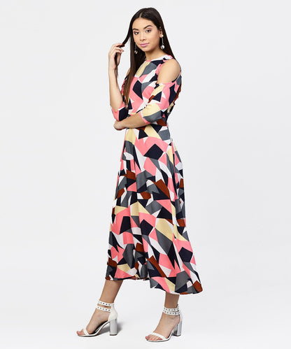 Women's Multi Printed 3/4Th Cold Shoulder Sleeve A-Line Maxi Dress