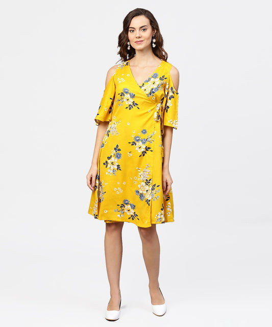Women's Printed Assymetrical A-Line Knotted Belt Style Dress With 3/4Th Cold-Shoulder Sleeve