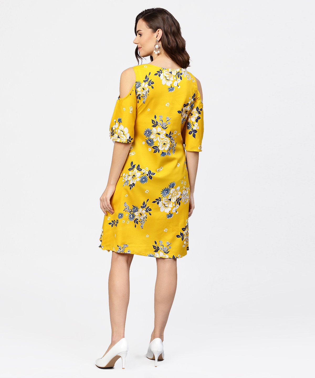 Women's Printed Assymetrical A-Line Knotted Belt Style Dress With 3/4Th Cold-Shoulder Sleeve