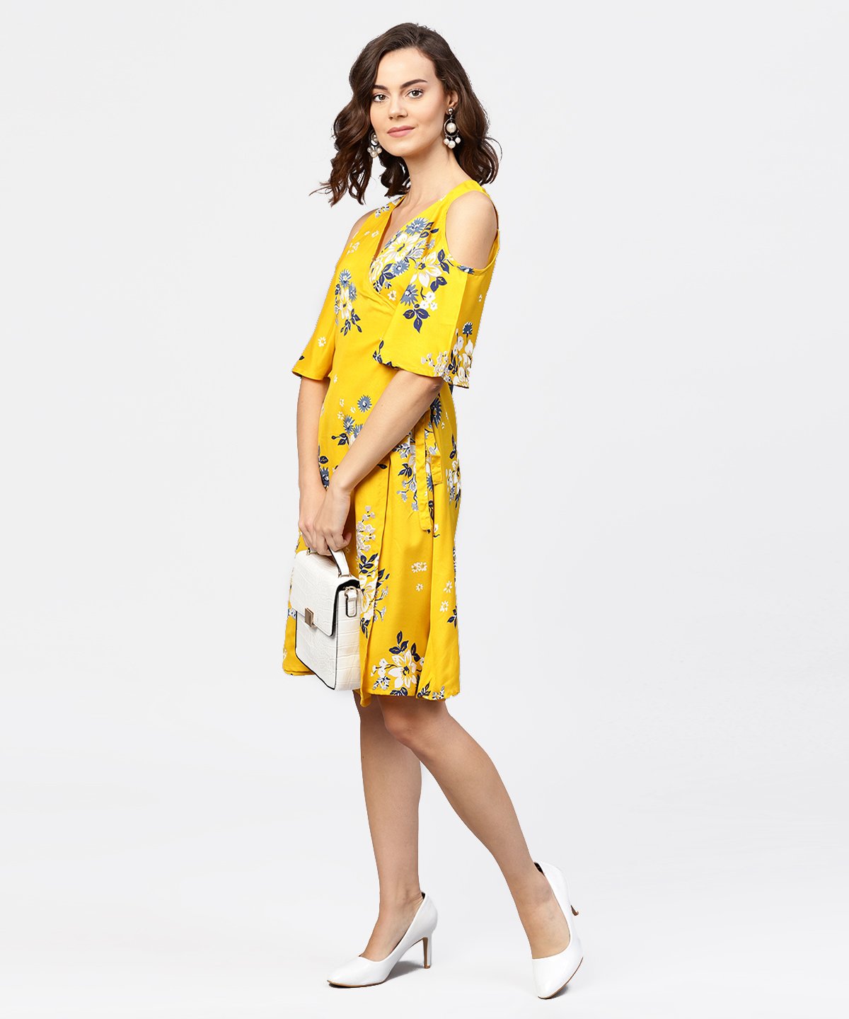 Women's Printed Assymetrical A-Line Knotted Belt Style Dress With 3/4Th Cold-Shoulder Sleeve