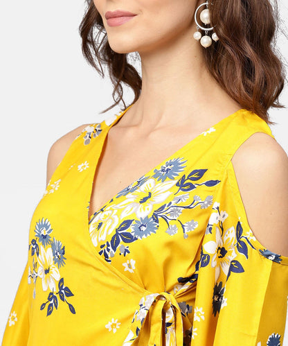 Women's Printed Assymetrical A-Line Knotted Belt Style Dress With 3/4Th Cold-Shoulder Sleeve