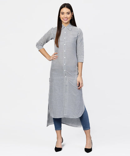 Women's Blue Striped 3/4Th Sleeve Cotton Tunic