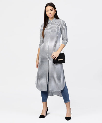 Women's Blue Striped 3/4Th Sleeve Cotton Tunic