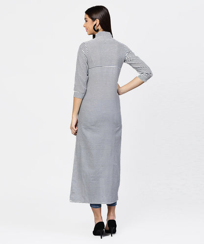 Women's Blue Striped 3/4Th Sleeve Cotton Tunic