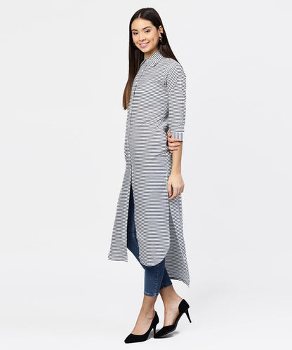 Women's Blue Striped 3/4Th Sleeve Cotton Tunic