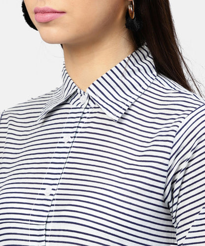 Women's Blue Striped 3/4Th Sleeve Cotton Tunic