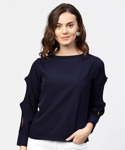 Women's Blue Full Sleeve Crepe Top With Gathered
