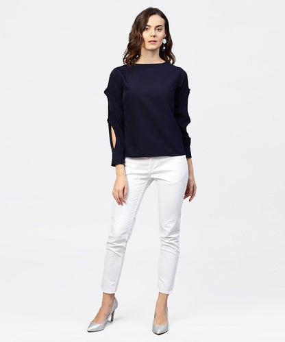Women's Blue Full Sleeve Crepe Top With Gathered