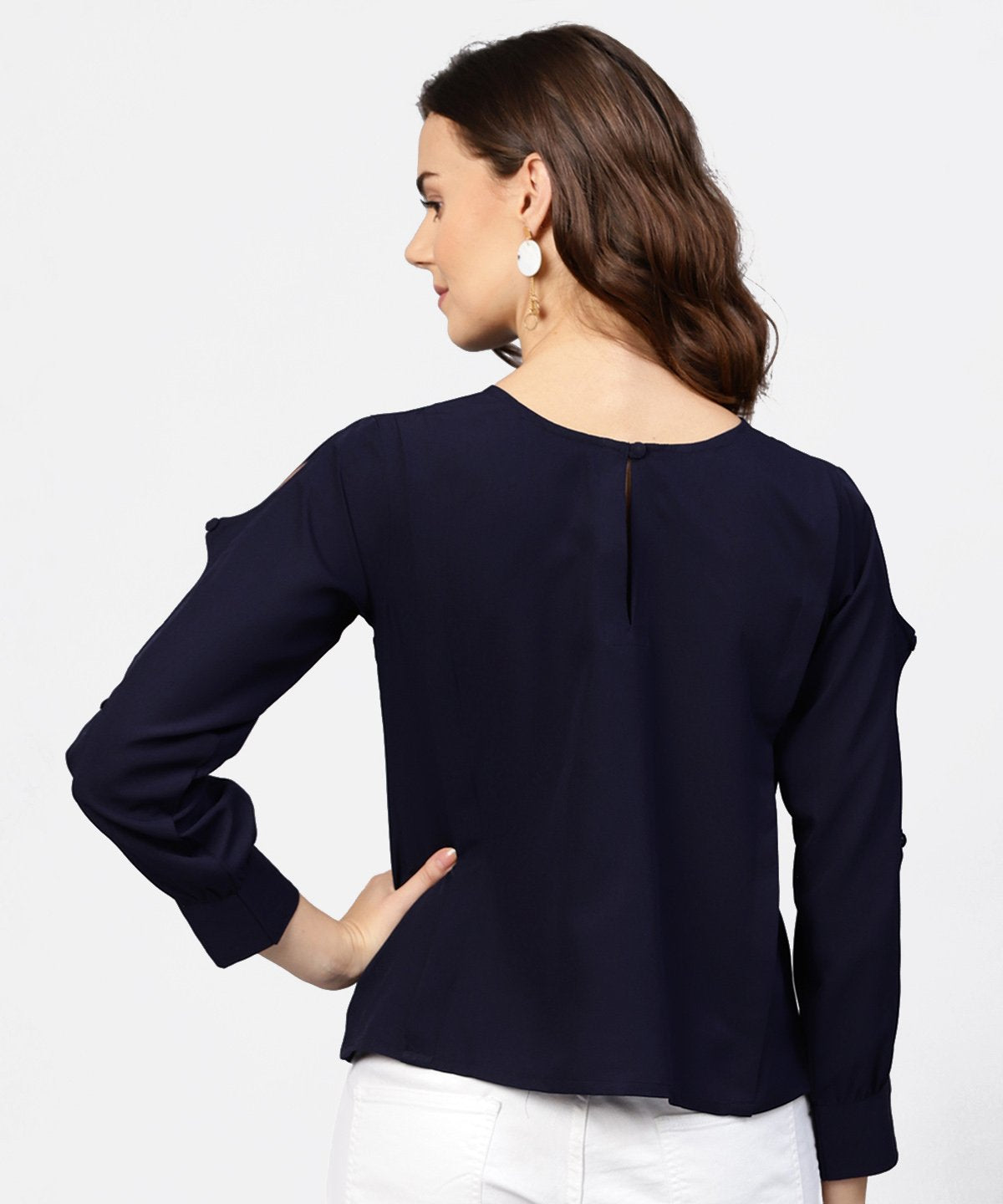 Women's Blue Full Sleeve Crepe Top With Gathered