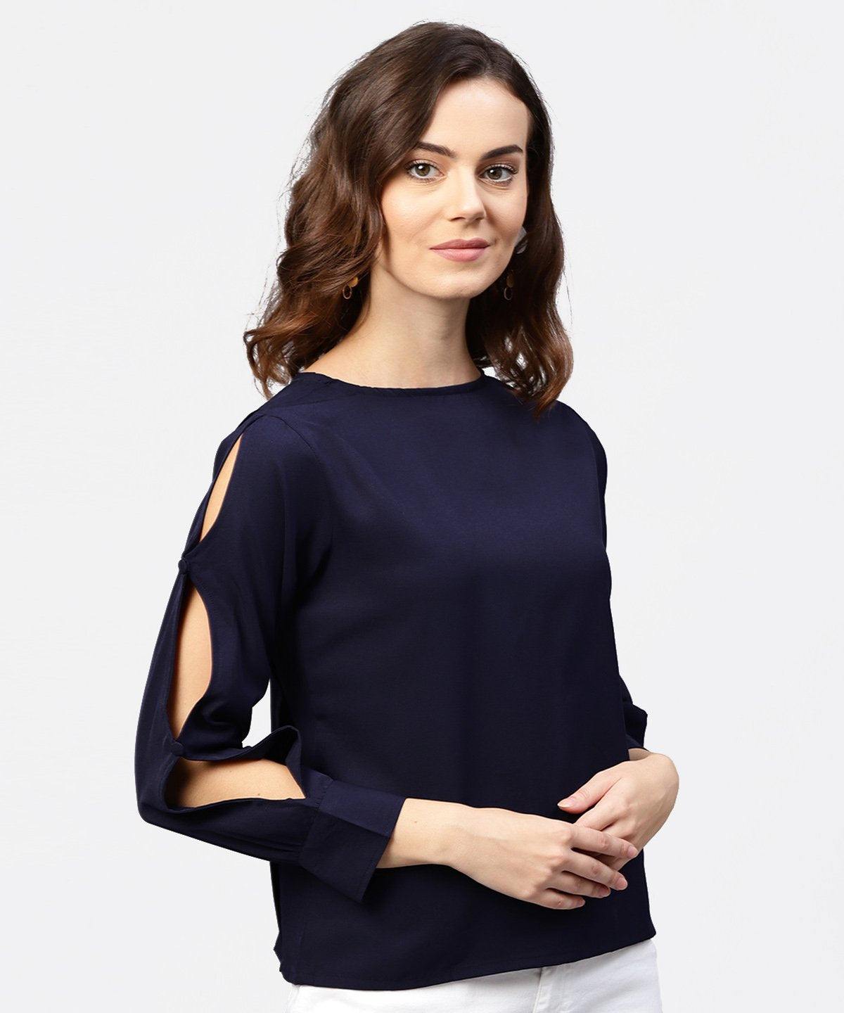 Women's Blue Full Sleeve Crepe Top With Gathered