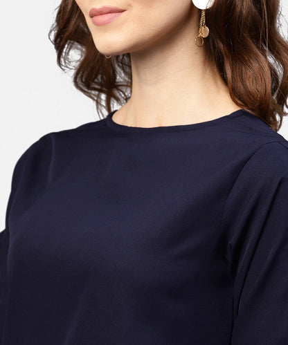 Women's Blue Full Sleeve Crepe Top With Gathered