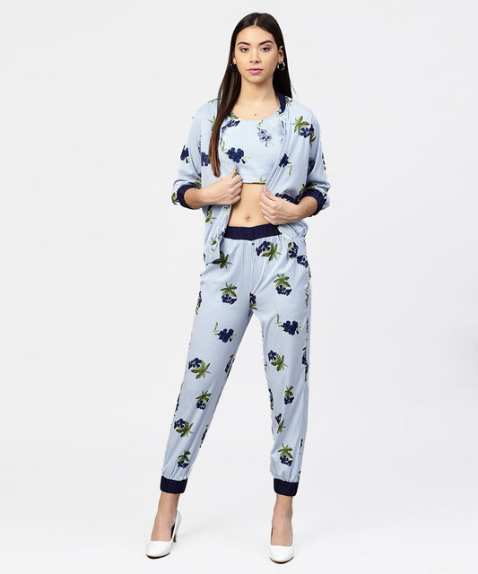 Women's Blue Striped Crop Top With Full Sleeve Open Jacket & Printed Mid-Rise Joggers With 2 Pockets