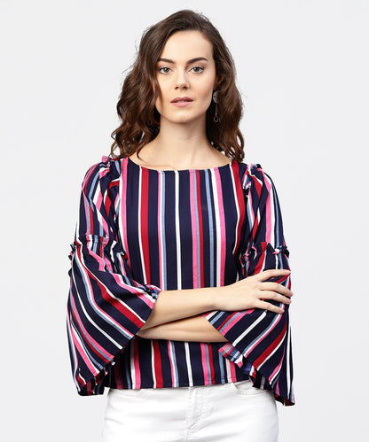 Women's Striped Multi Printed Flared Sleeves Crepe Top