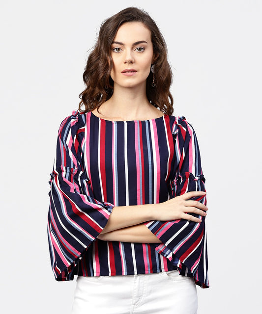 Women's Striped Multi Printed Flared Sleeves Crepe Top