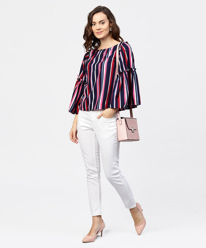 Women's Striped Multi Printed Flared Sleeves Crepe Top