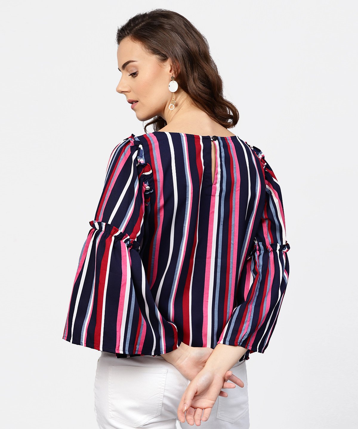 Women's Striped Multi Printed Flared Sleeves Crepe Top