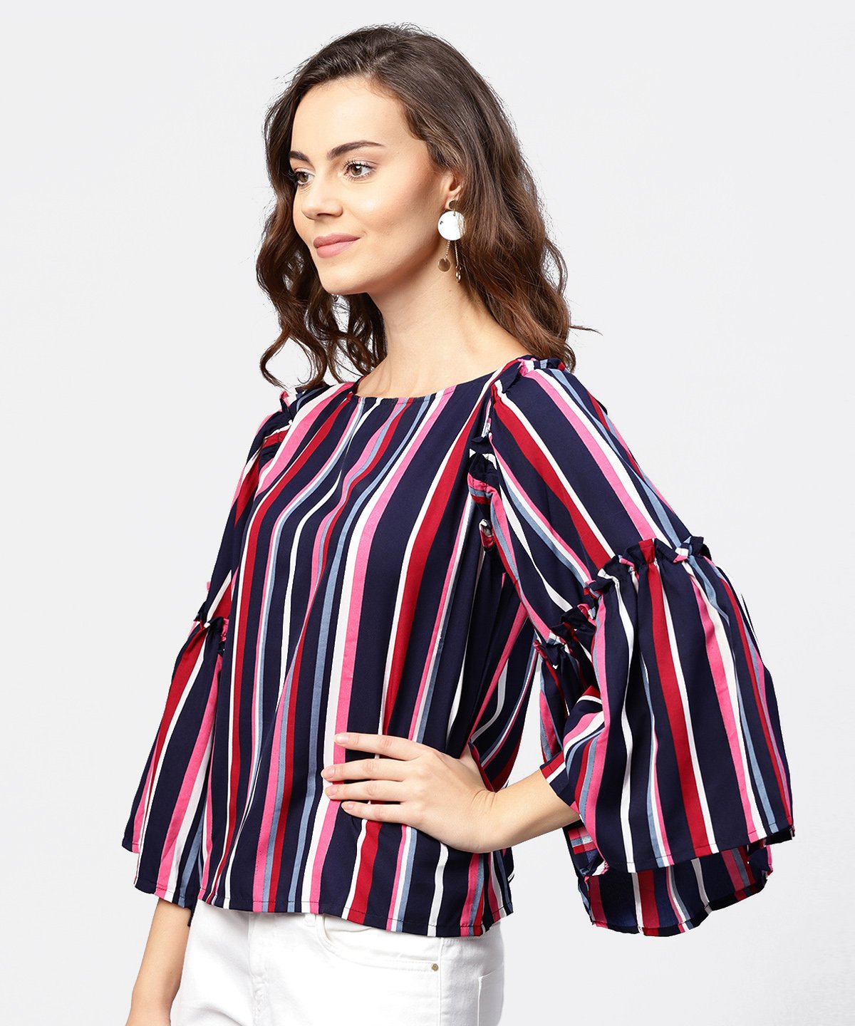 Women's Striped Multi Printed Flared Sleeves Crepe Top