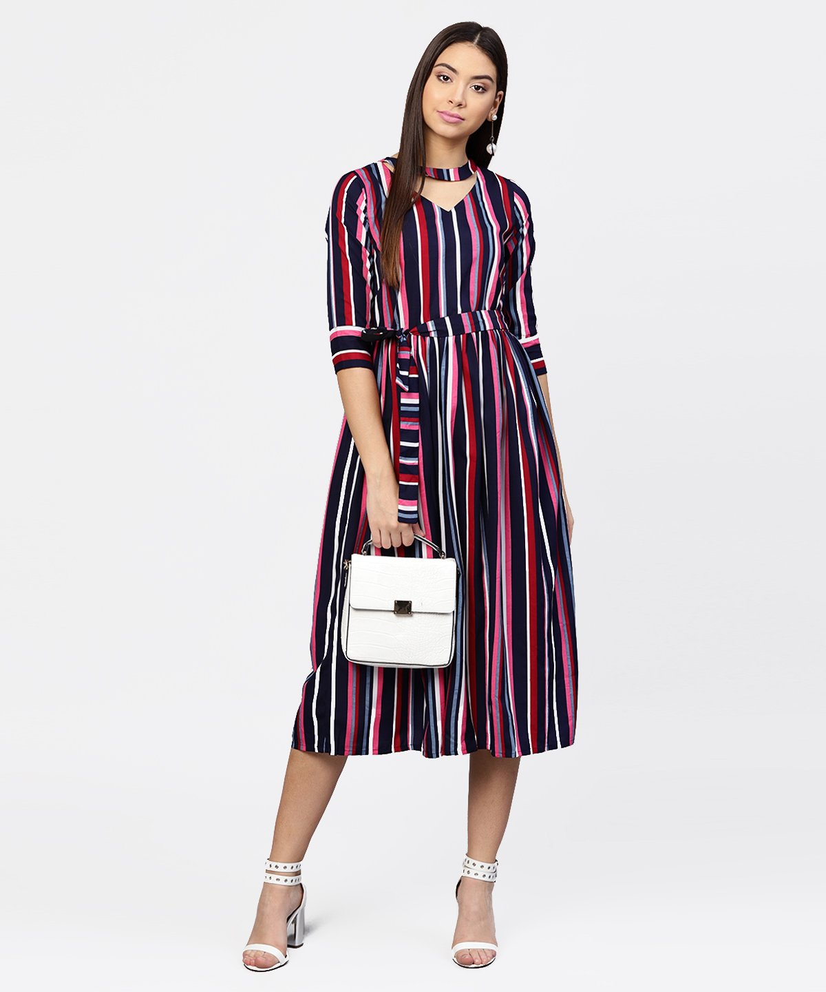 Women's Striped Printed 3/4Th Sleeve Choker Neckline Full Length Dress With Belt