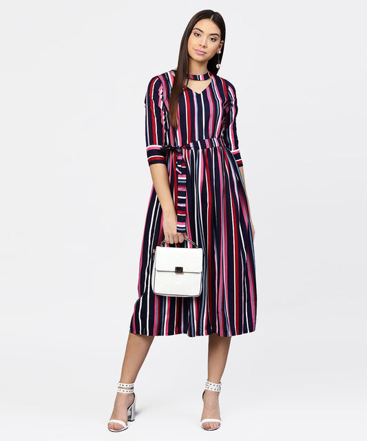 Women's Striped Printed 3/4Th Sleeve Choker Neckline Full Length Dress With Belt