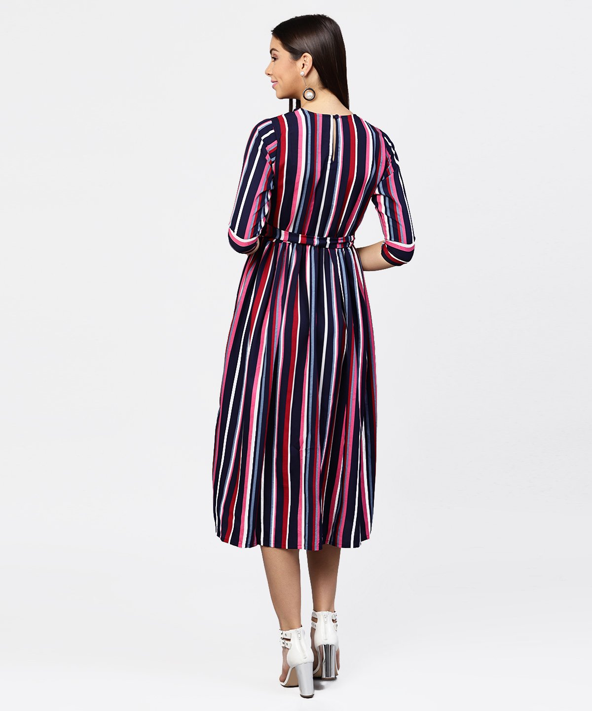 Women's Striped Printed 3/4Th Sleeve Choker Neckline Full Length Dress With Belt