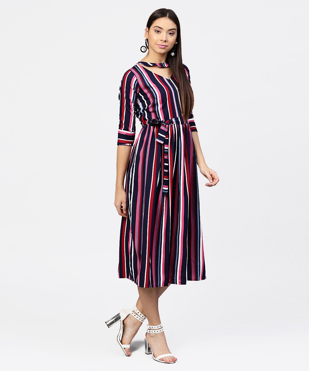 Women's Striped Printed 3/4Th Sleeve Choker Neckline Full Length Dress With Belt