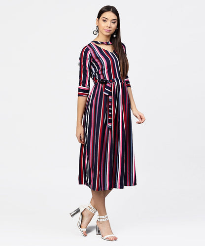 Women's Striped Printed 3/4Th Sleeve Choker Neckline Full Length Dress With Belt