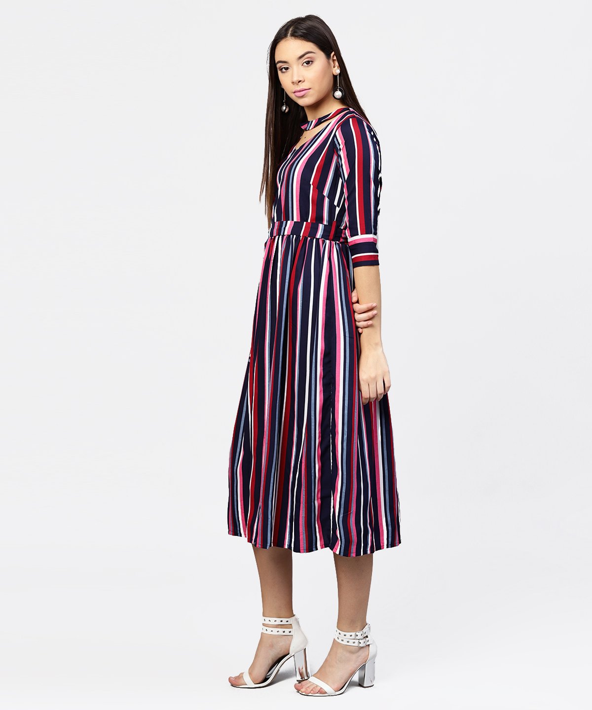 Women's Striped Printed 3/4Th Sleeve Choker Neckline Full Length Dress With Belt