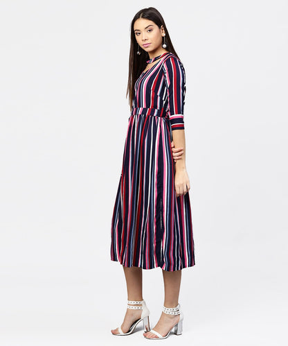 Women's Striped Printed 3/4Th Sleeve Choker Neckline Full Length Dress With Belt