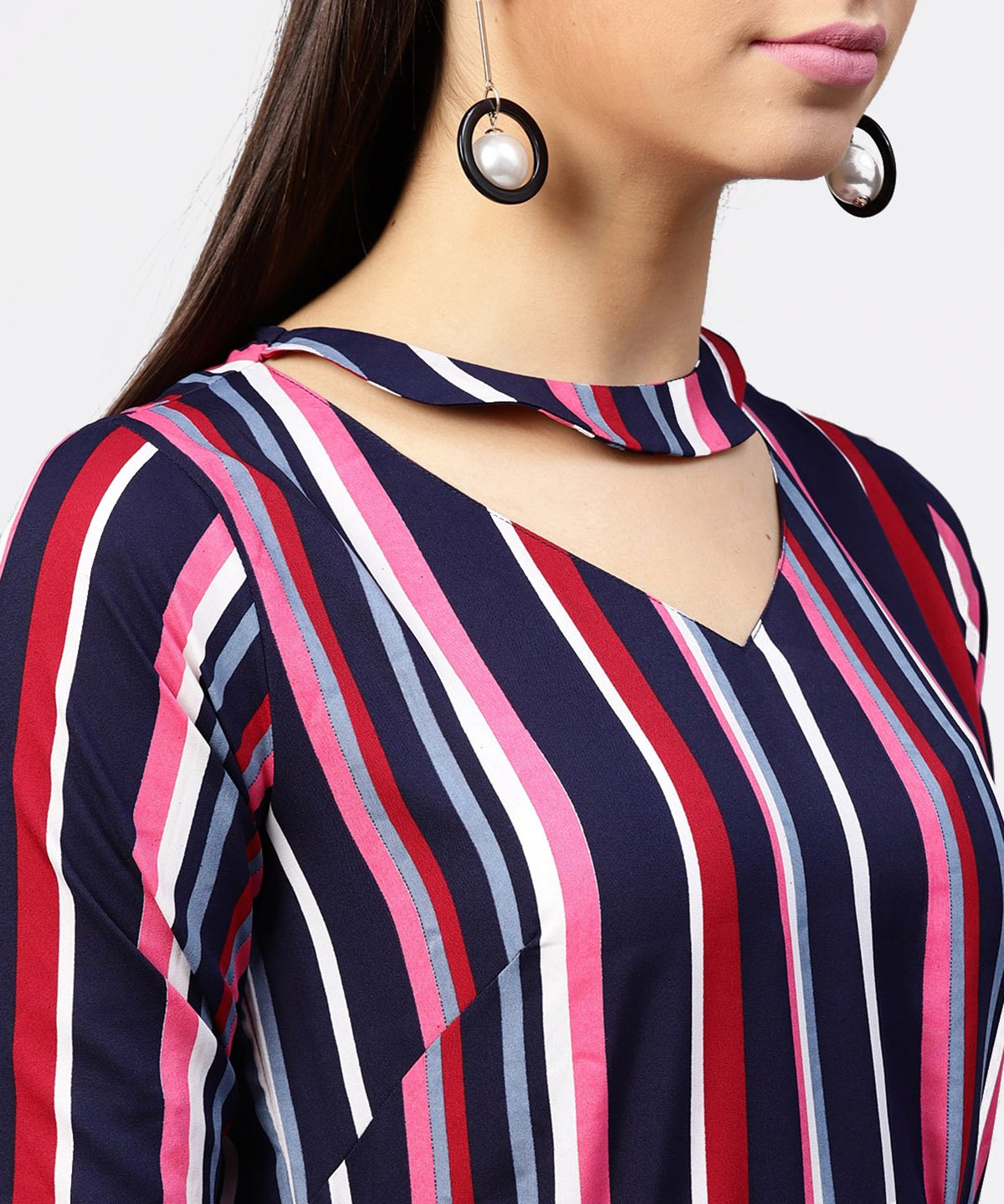 Women's Striped Printed 3/4Th Sleeve Choker Neckline Full Length Dress With Belt
