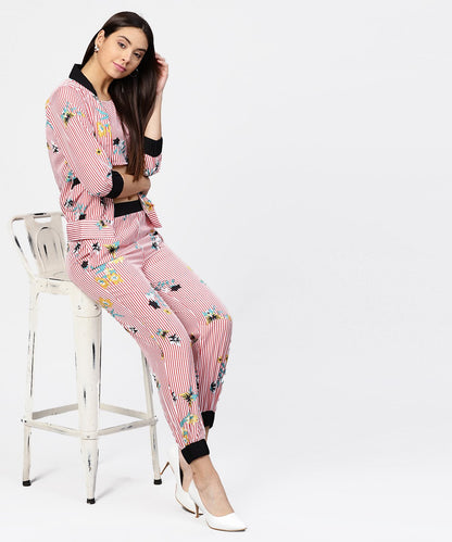 Women's Pink Striped Crop Top With Full Sleeve Open Jacket & Printed Mid-Rise Joggers With 2 Pockets