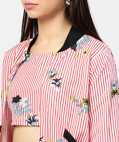 Women's Pink Striped Crop Top With Full Sleeve Open Jacket & Printed Mid-Rise Joggers With 2 Pockets