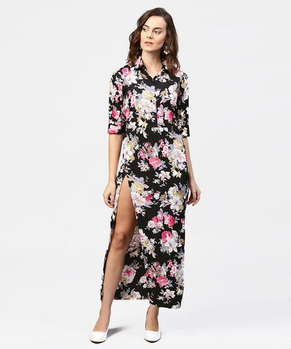 Women's Black Printed 3/4Th Sleeve One Side Slit Dress With Belt