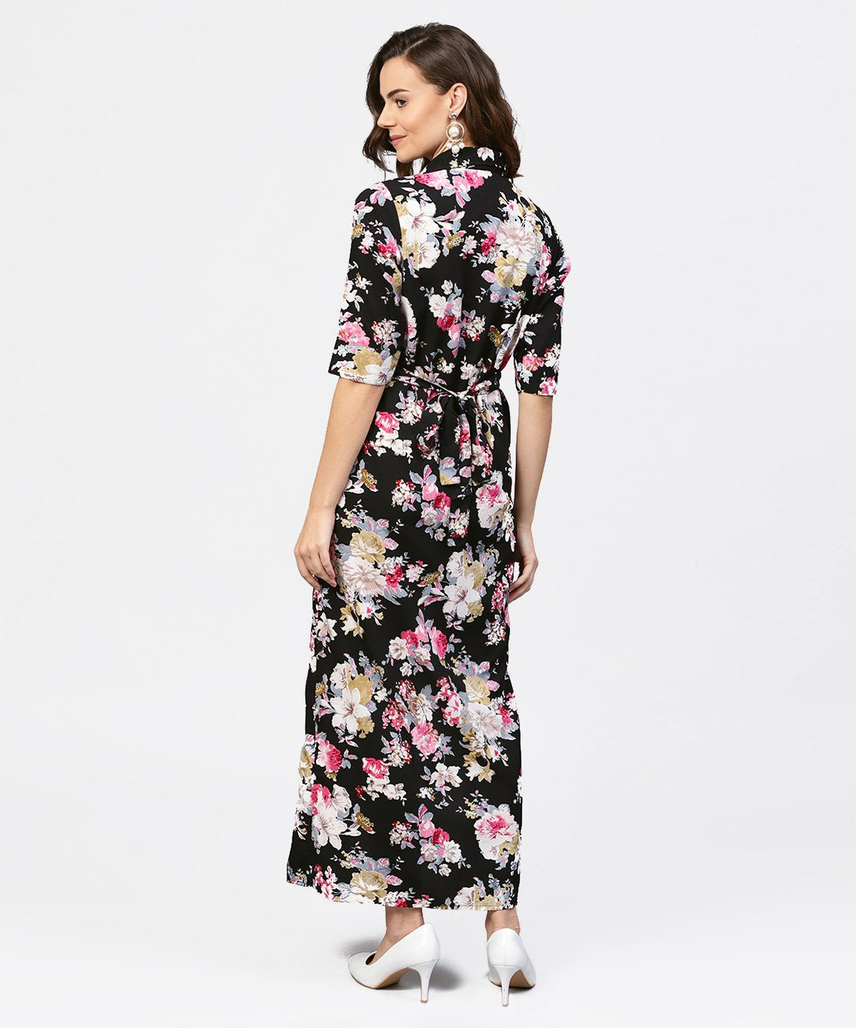 Women's Black Printed 3/4Th Sleeve One Side Slit Dress With Belt