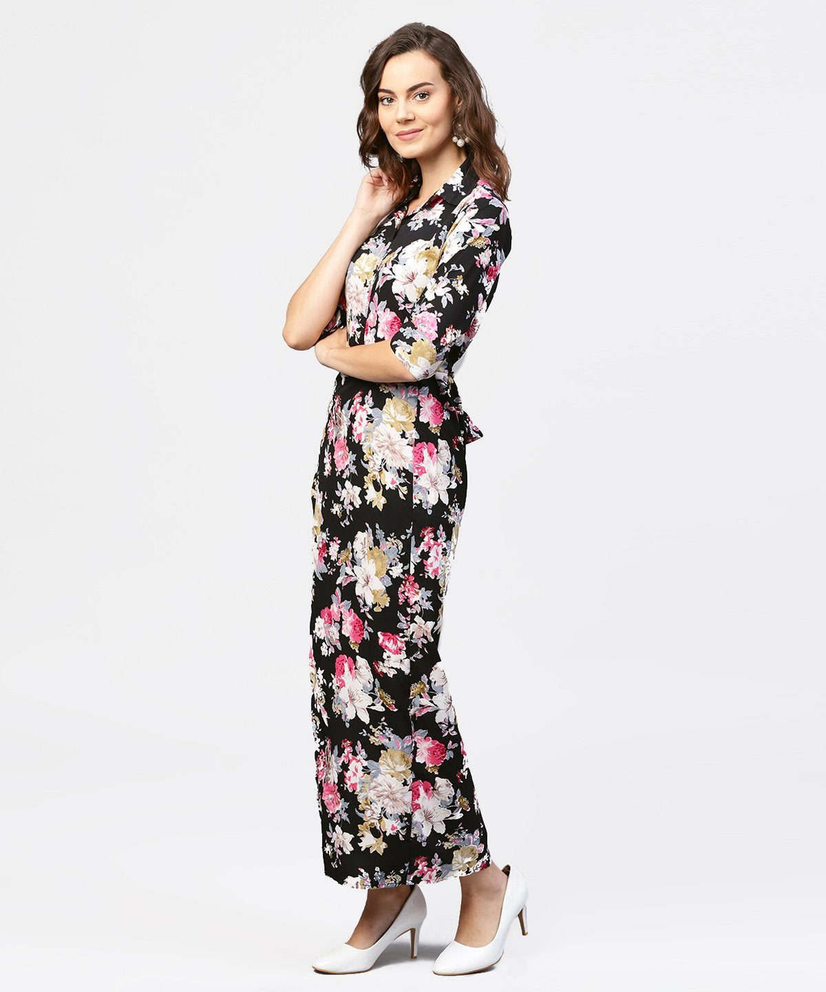 Women's Black Printed 3/4Th Sleeve One Side Slit Dress With Belt