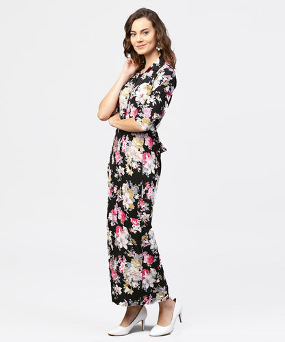 Women's Black Printed 3/4Th Sleeve One Side Slit Dress With Belt