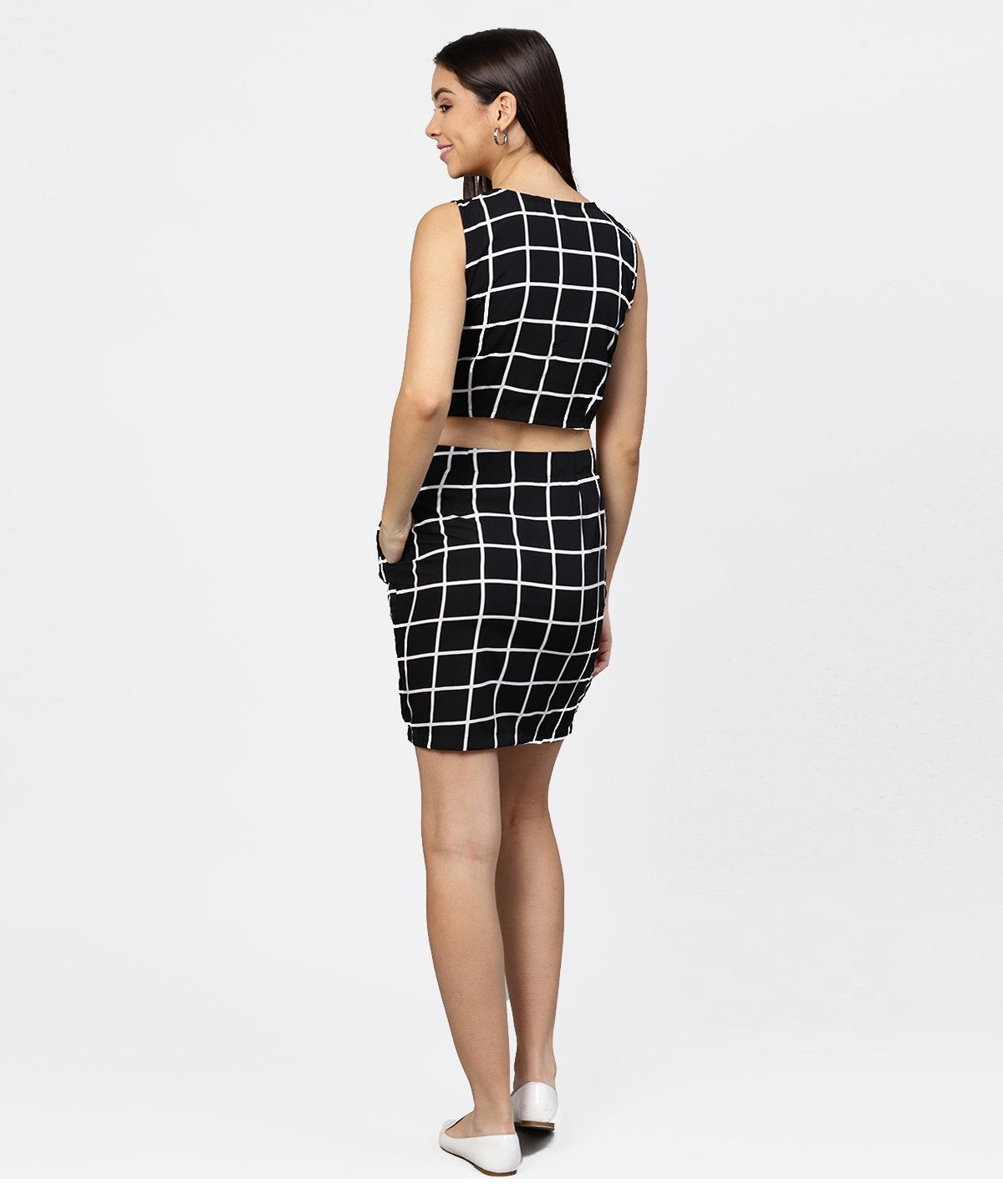 Women's Black Check Boat Nect Crop Top With High Waisted Skirt
