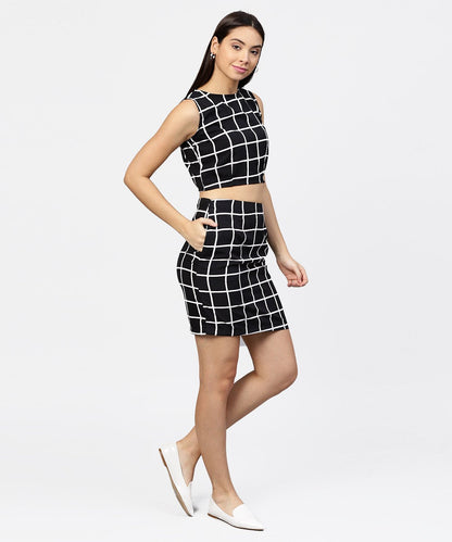 Women's Black Check Boat Nect Crop Top With High Waisted Skirt