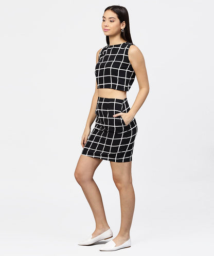 Women's Black Check Boat Nect Crop Top With High Waisted Skirt