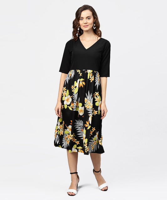 Women's Black Printed 3/4Th Sleeve V-Neck Dress