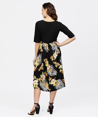 Women's Black Printed 3/4Th Sleeve V-Neck Dress