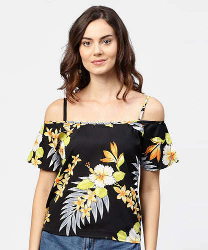 Women's Black Printed Shoulder Straps Cold Shoulder Half Sleeve Top