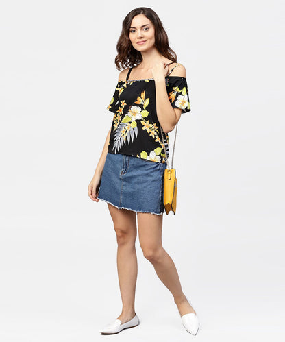 Women's Black Printed Shoulder Straps Cold Shoulder Half Sleeve Top