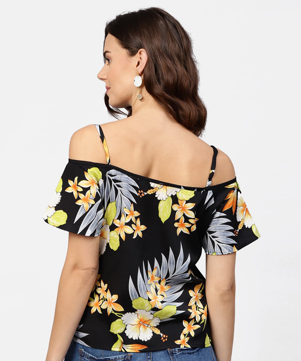 Women's Black Printed Shoulder Straps Cold Shoulder Half Sleeve Top