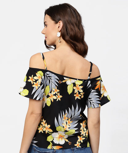 Women's Black Printed Shoulder Straps Cold Shoulder Half Sleeve Top