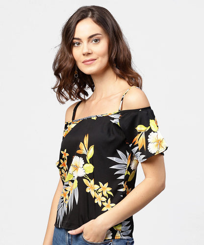 Women's Black Printed Shoulder Straps Cold Shoulder Half Sleeve Top