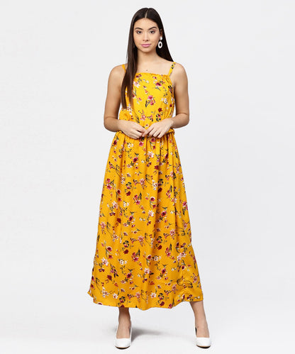 Women's Yellow Printed Shoulder Strapped With A Gather Neckline Maxi Dress