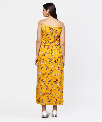 Women's Yellow Printed Shoulder Strapped With A Gather Neckline Maxi Dress