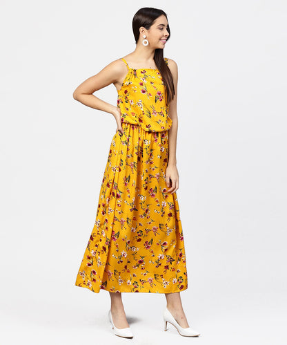 Women's Yellow Printed Shoulder Strapped With A Gather Neckline Maxi Dress